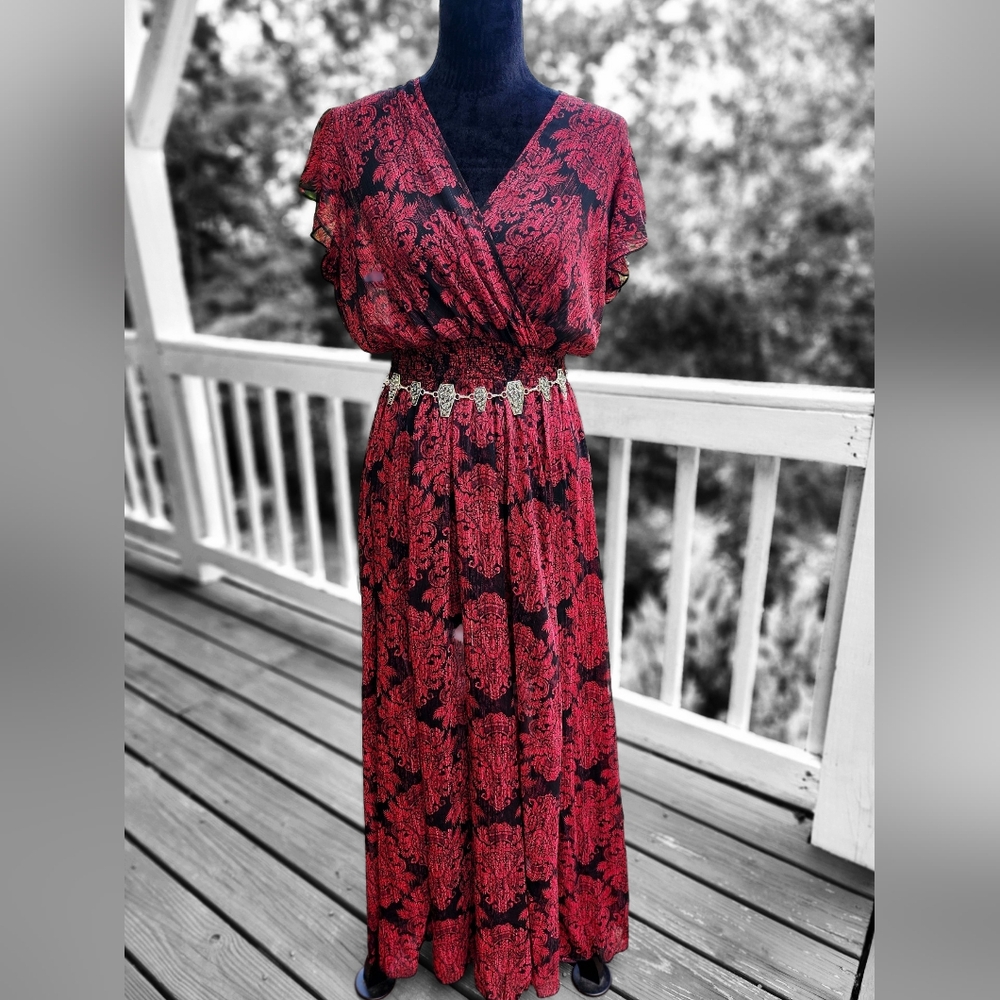 Gothic Long Red & Black Paisley Print Flutter Sleeve Faux Wrap Dress - Picture 3 of 4